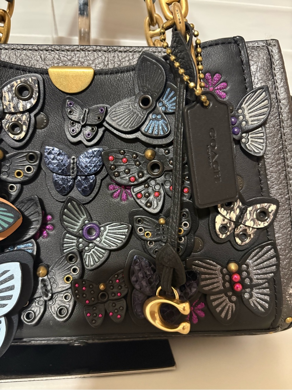 🦋Coach Dreamer Satchel Black Multi Butterfly Applique Snakeskin Handbag 72614🦋 - Picture 3 of 11
